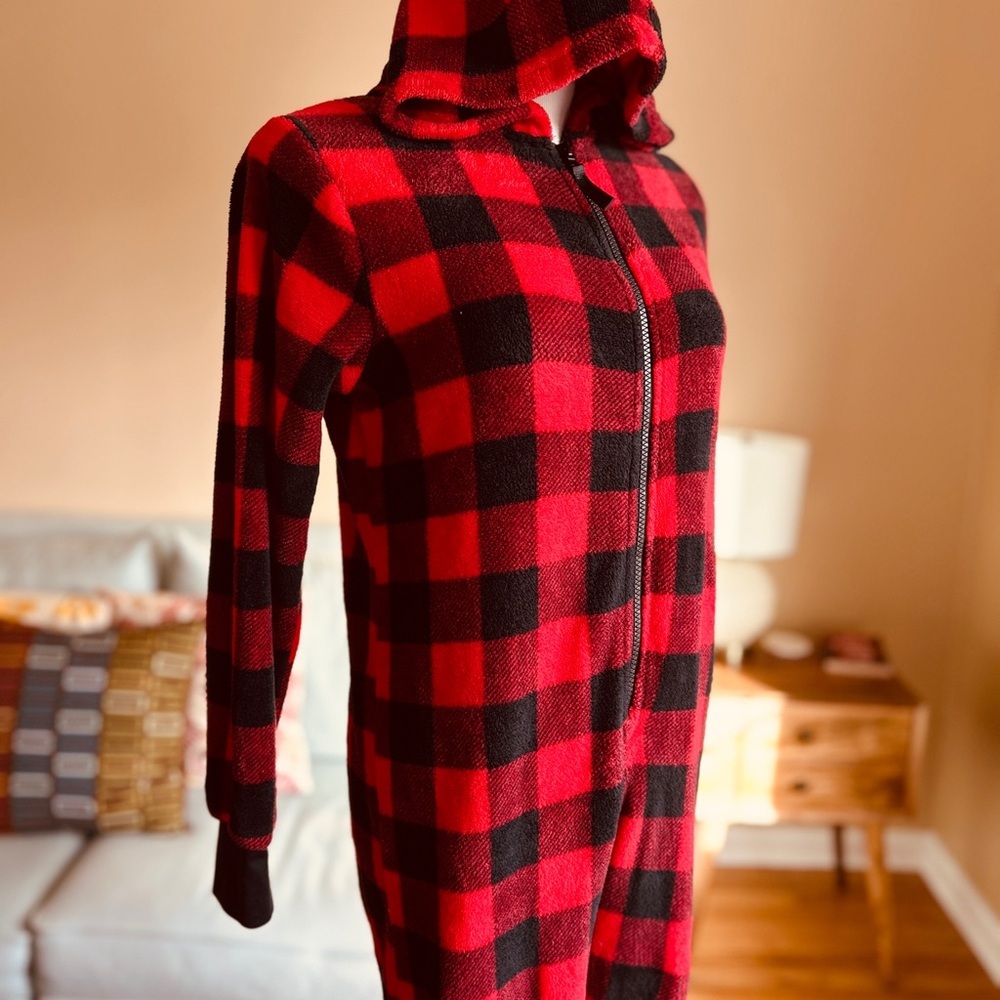 Totally Pink Buffalo Plaid Fleece Hooded Onesie Buffalo Women’s Size Large - Picture 7 of 15